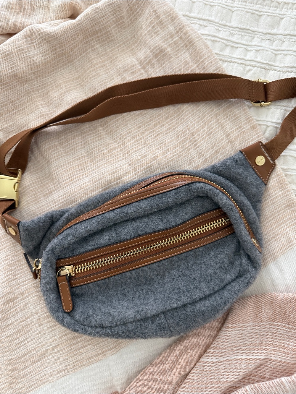 Stoney Clover Gray Wool Waist Bag with Brown Leather Trim